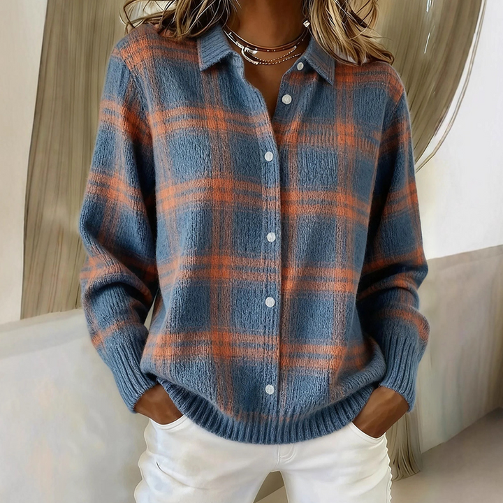 Damen Cardigan | Karomuster mit Knopfleiste &amp; Hemdkragen für Herbst und Winter