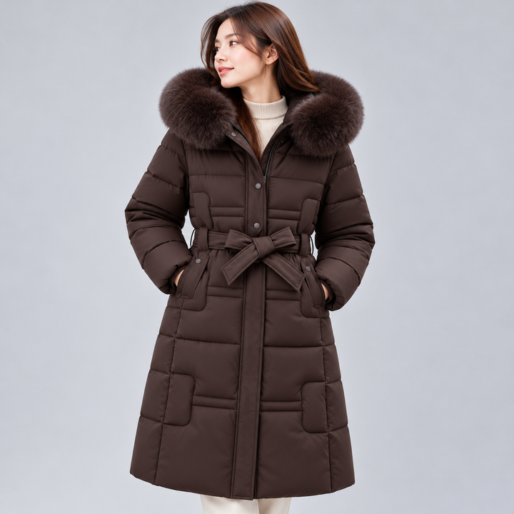 Damen Steppmantel lang mit Kunstfellkragen | Knielanger Wintermantel mit abnehmbarem Kragen, Taillengürtel und warmer Fütterung