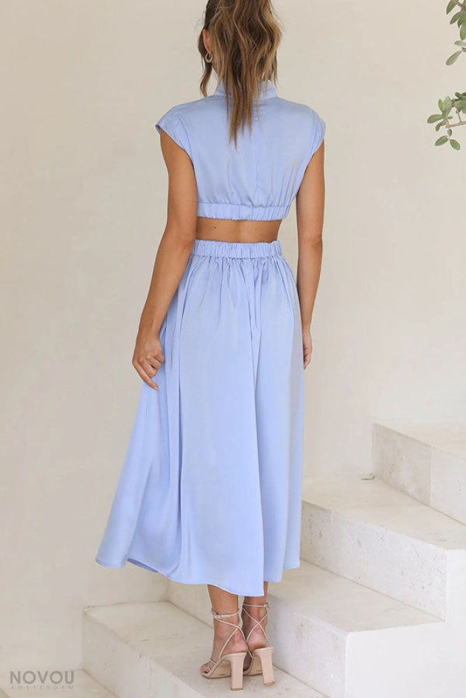 Knielanges Damenkleid mit hoher Taille &amp; fließendem Rock | Stehkragen &amp; Kurzarm | Stretch-Komfort, atmungsaktiv | S–XL