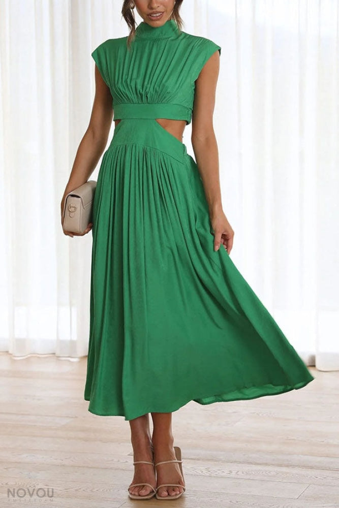 Knielanges Damenkleid mit hoher Taille &amp; fließendem Rock | Stehkragen &amp; Kurzarm | Stretch-Komfort, atmungsaktiv | S–XL