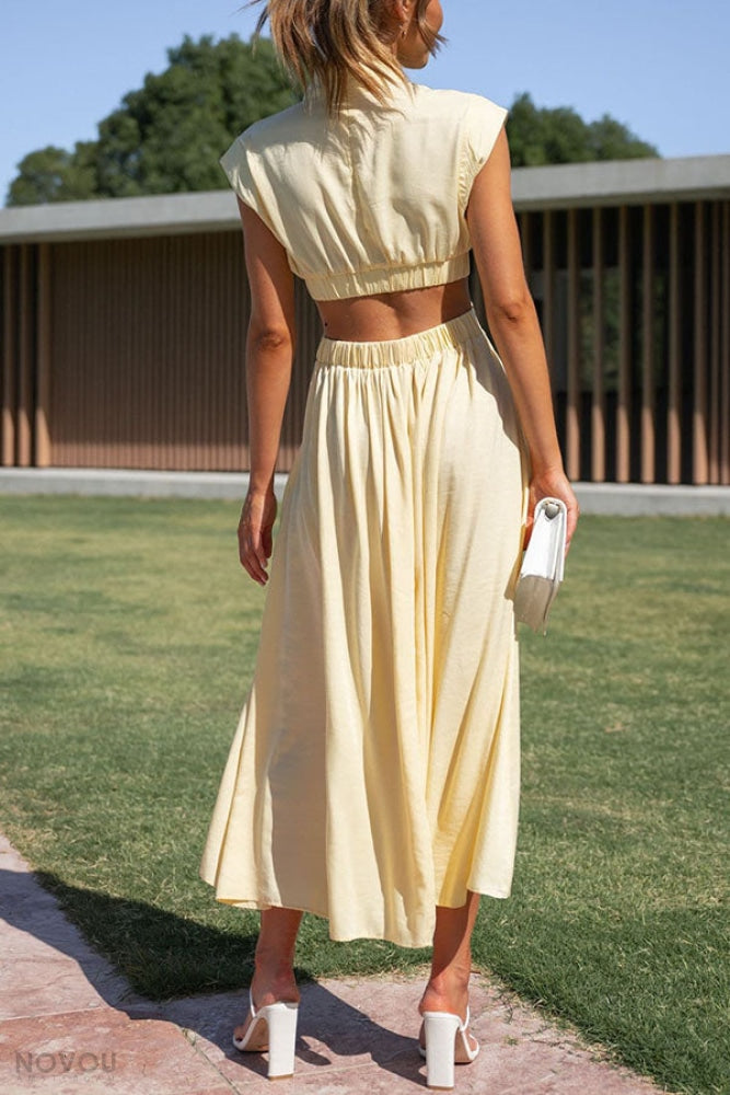 Knielanges Damenkleid mit hoher Taille &amp; fließendem Rock | Stehkragen &amp; Kurzarm | Stretch-Komfort, atmungsaktiv | S–XL