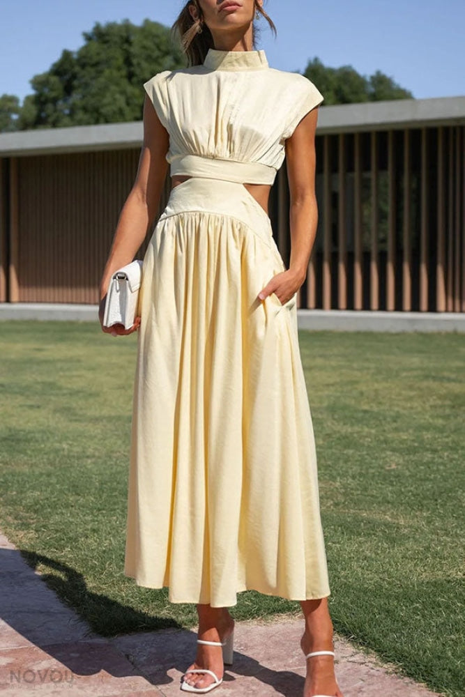 Knielanges Damenkleid mit hoher Taille &amp; fließendem Rock | Stehkragen &amp; Kurzarm | Stretch-Komfort, atmungsaktiv | S–XL