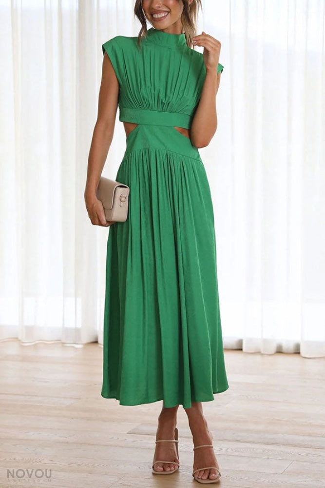 Knielanges Damenkleid mit hoher Taille &amp; fließendem Rock | Stehkragen &amp; Kurzarm | Stretch-Komfort, atmungsaktiv | S–XL