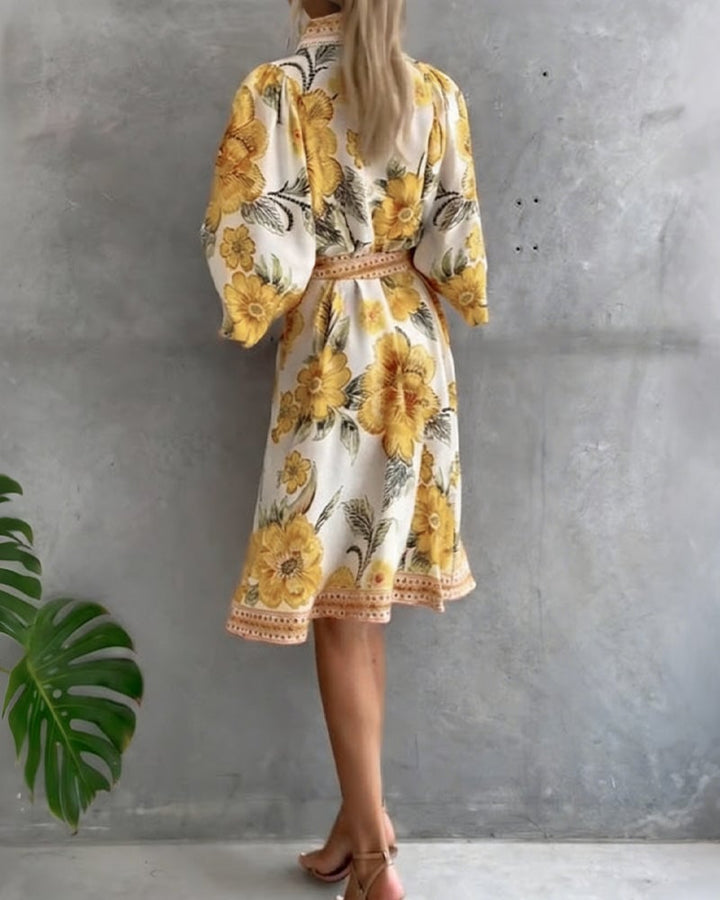 Damen A-Linien-Kleid mit Print | Knielanges Kleid mit Reverskragen und Laternenärmeln