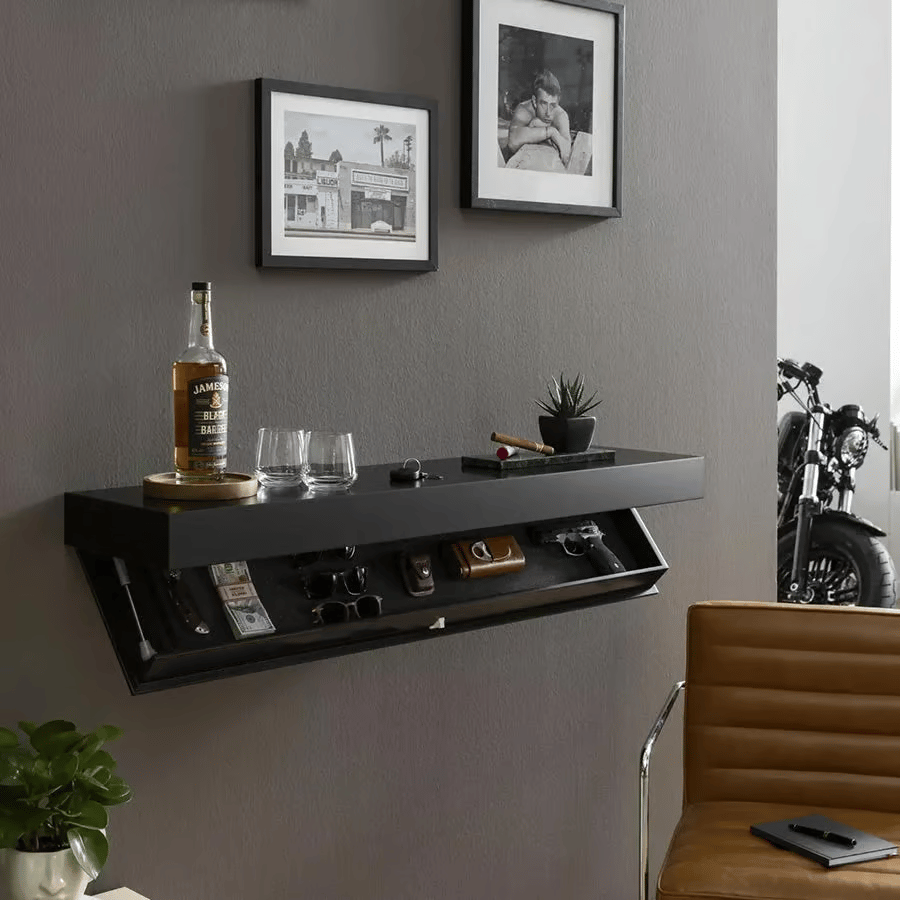 Solid Wood Wall Shelf with Secret Compartment | Floating Design, Minimalist | For Valuables &amp; Decor | Natural or Dark Wood