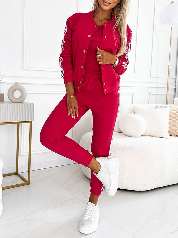 Women’s 3-piece set with baseball jacket, racerback top &amp; jogging pants | Warming &amp; breathable | Side stripe look | S–5XL