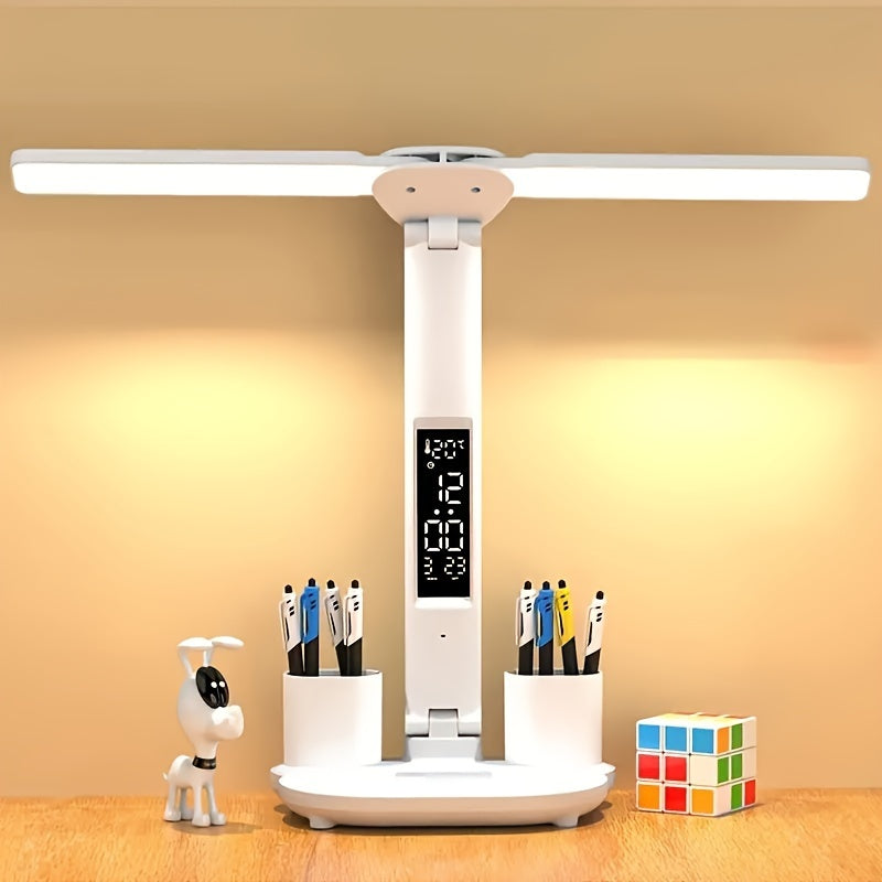 LED Schreibtischlampe dimmbar mit 2 verstellbaren Köpfen | Tischleuchte mit Touch-Bedienung, Digitalanzeige und USB-Anschluss