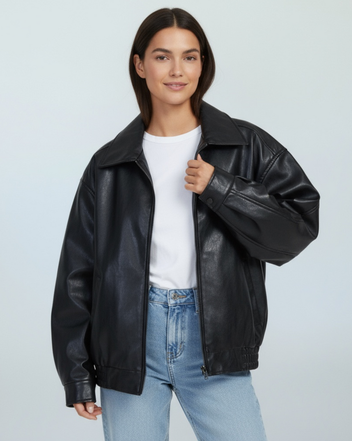 Damen Oversize Lederjacke im Vintage-Stil | Lässige Jacke mit überschnittenen Schultern und weicher Innenseite für Alltag