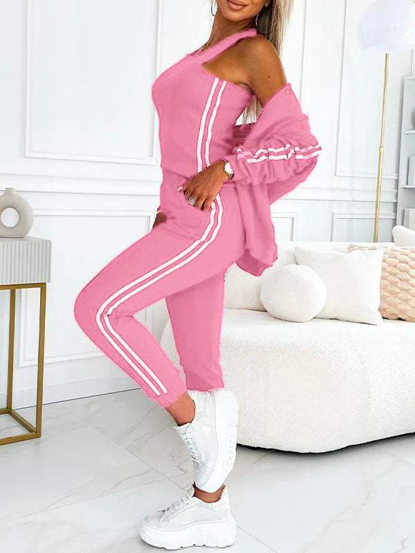 Women’s 3-piece set with baseball jacket, racerback top &amp; jogging pants | Warming &amp; breathable | Side stripe look | S–5XL