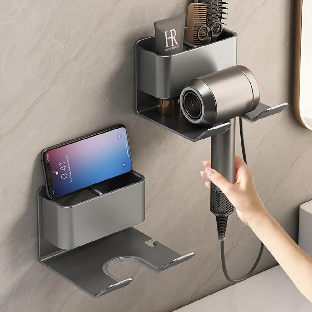 Organizer per cura capelli da parete per bagno | supporto phon e porta spazzole | alluminio e plastica | salvaspazio