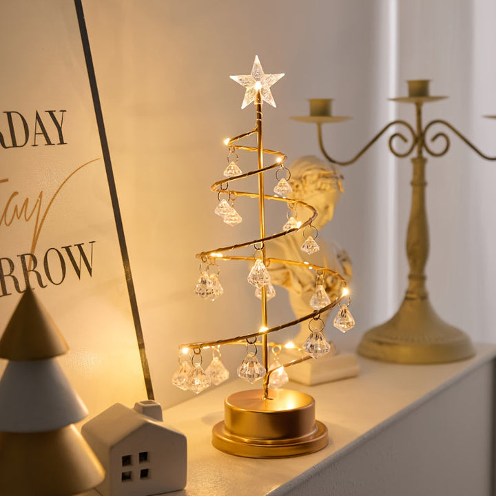 Beleuchteter Weihnachtsbaum mit Kristallanhängern | Warmweißer Deko-Baum aus Metall in Spiralform für Tisch und Regal