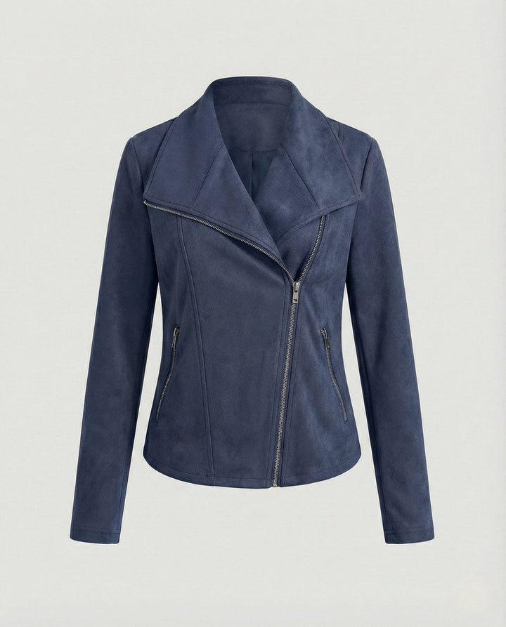 Damen Bikerjacke aus Kunstwildleder | Taillierte Jacke in Wildleder-Optik mit asymmetrischem Reißverschluss und Reverskragen