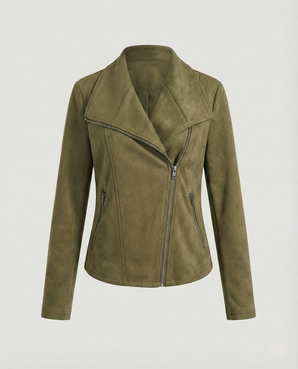 Damen Bikerjacke aus Kunstwildleder | Taillierte Jacke in Wildleder-Optik mit asymmetrischem Reißverschluss und Reverskragen