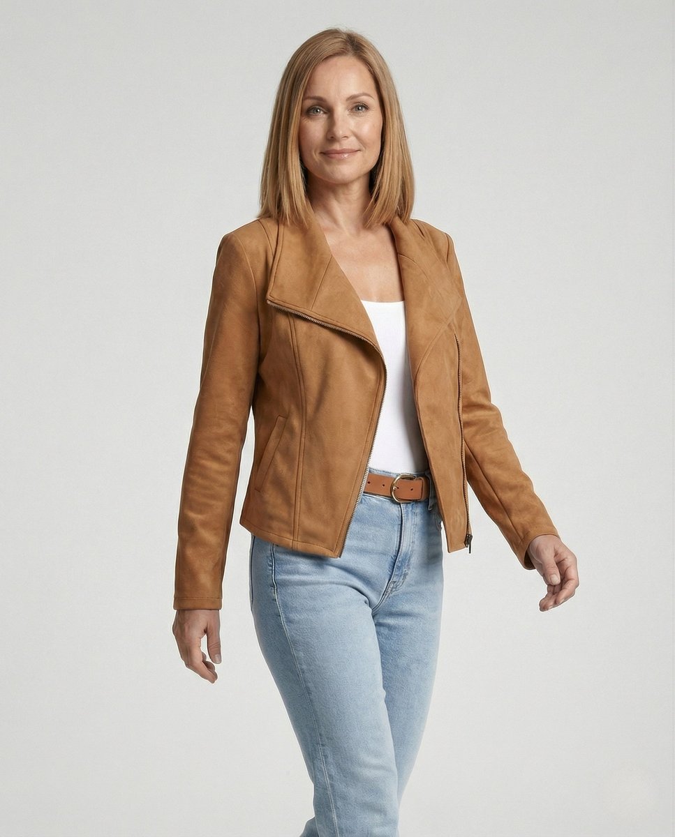 Damen Bikerjacke aus Kunstwildleder | Taillierte Jacke in Wildleder-Optik mit asymmetrischem Reißverschluss und Reverskragen