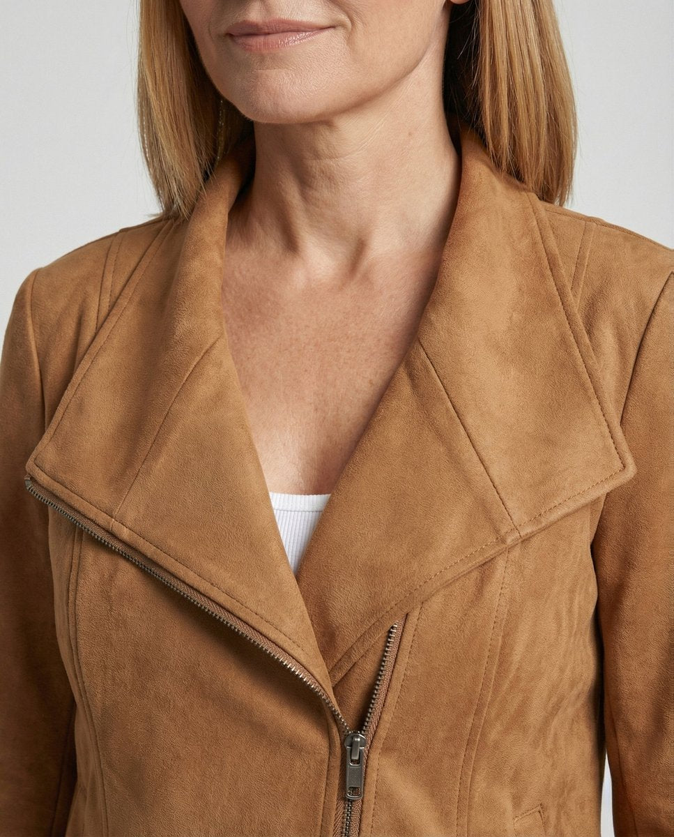 Damen Bikerjacke aus Kunstwildleder | Taillierte Jacke in Wildleder-Optik mit asymmetrischem Reißverschluss und Reverskragen