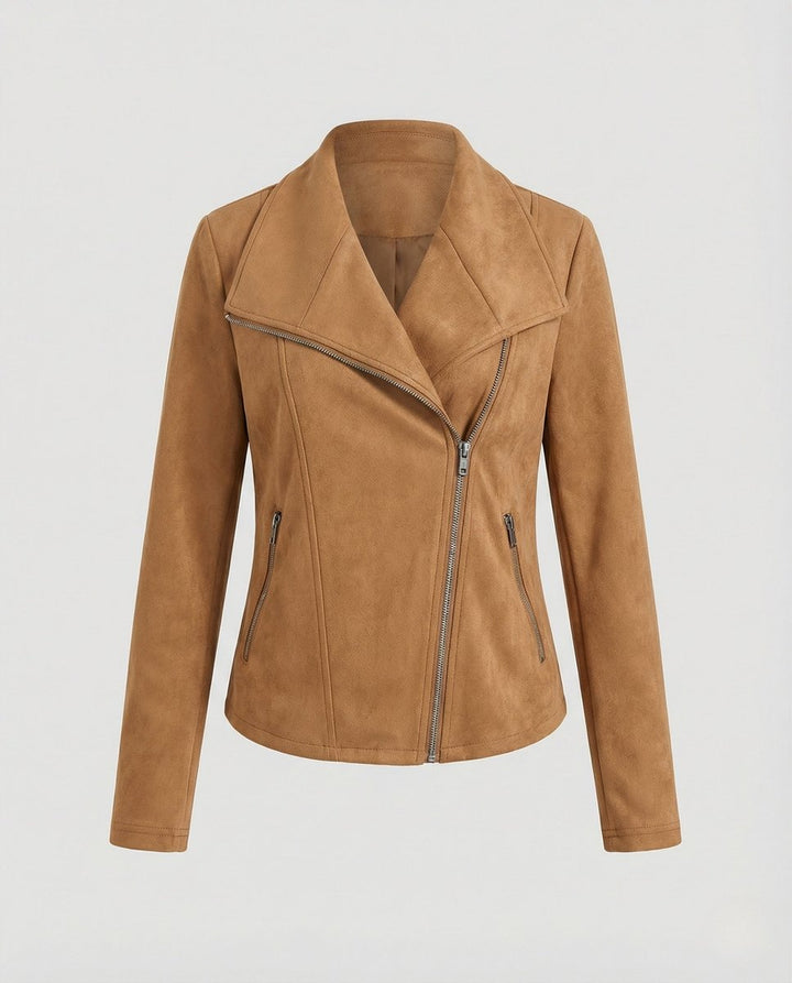 Damen Bikerjacke aus Kunstwildleder | Taillierte Jacke in Wildleder-Optik mit asymmetrischem Reißverschluss und Reverskragen