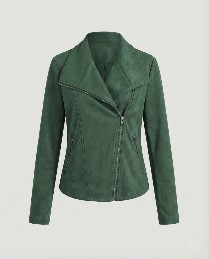 Damen Bikerjacke aus Kunstwildleder | Taillierte Jacke in Wildleder-Optik mit asymmetrischem Reißverschluss und Reverskragen
