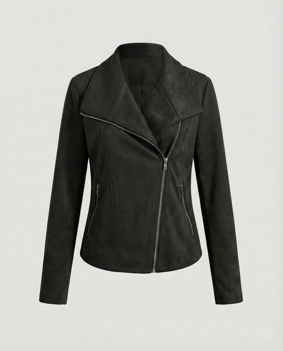 Damen Bikerjacke aus Kunstwildleder | Taillierte Jacke in Wildleder-Optik mit asymmetrischem Reißverschluss und Reverskragen
