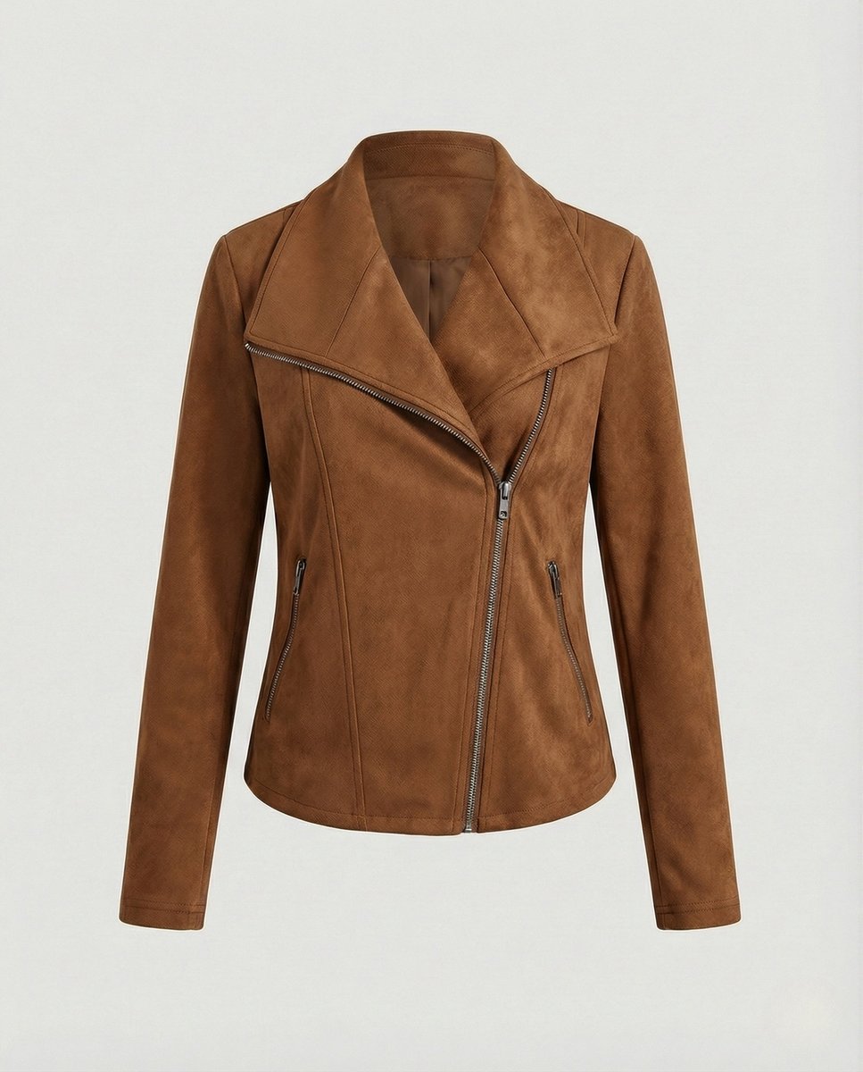 Damen Bikerjacke aus Kunstwildleder | Taillierte Jacke in Wildleder-Optik mit asymmetrischem Reißverschluss und Reverskragen