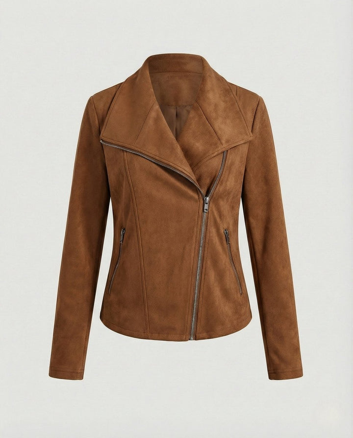 Damen Bikerjacke aus Kunstwildleder | Taillierte Jacke in Wildleder-Optik mit asymmetrischem Reißverschluss und Reverskragen