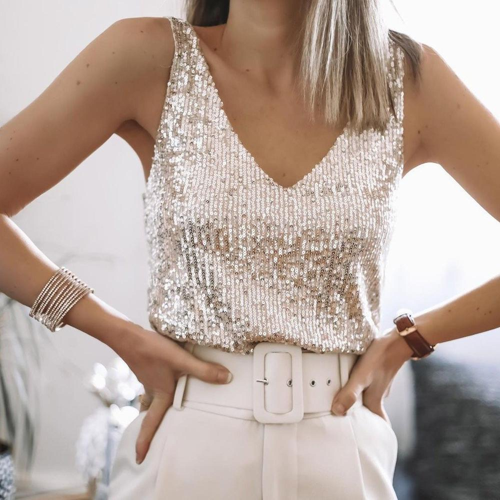 Damen Pailletten Top mit V-Ausschnitt | Figurbetontes Glitzeroberteil mit schimmernden Pailletten für Partys und festliche Anlässe