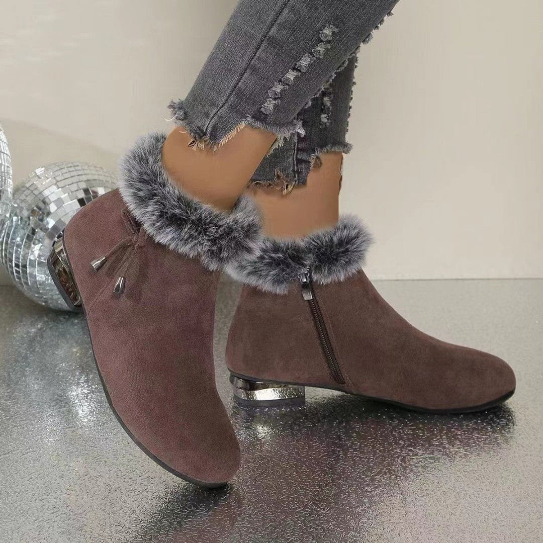 Damen gefütterte Wildleder-Stiefeletten | Warme Ankle Boots mit Kunstfellbesatz, rutschfester Gummisohle und niedrigem Blockabsatz