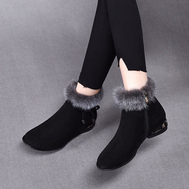 Damen gefütterte Wildleder-Stiefeletten | Warme Ankle Boots mit Kunstfellbesatz, rutschfester Gummisohle und niedrigem Blockabsatz
