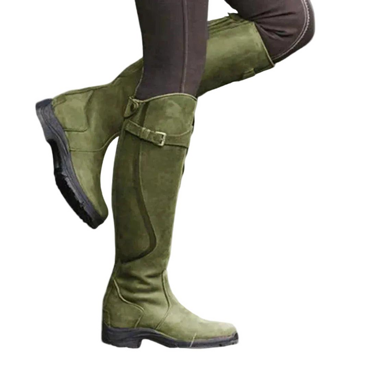 Damen Kniehohe Reitstiefel mit Schnallenriemen | Hohe Stiefel mit seitlichem Reißverschluss, niedrigem Absatz und profilierter Laufsohle
