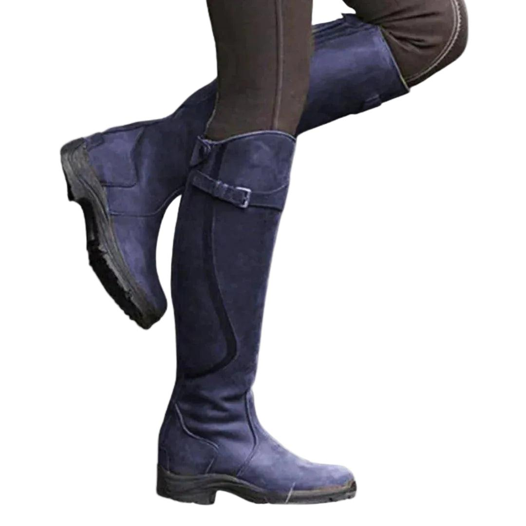Damen Kniehohe Reitstiefel mit Schnallenriemen | Hohe Stiefel mit seitlichem Reißverschluss, niedrigem Absatz und profilierter Laufsohle