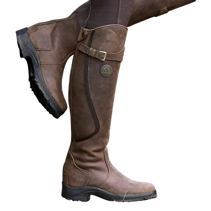 Damen Kniehohe Reitstiefel mit Schnallenriemen | Hohe Stiefel mit seitlichem Reißverschluss, niedrigem Absatz und profilierter Laufsohle