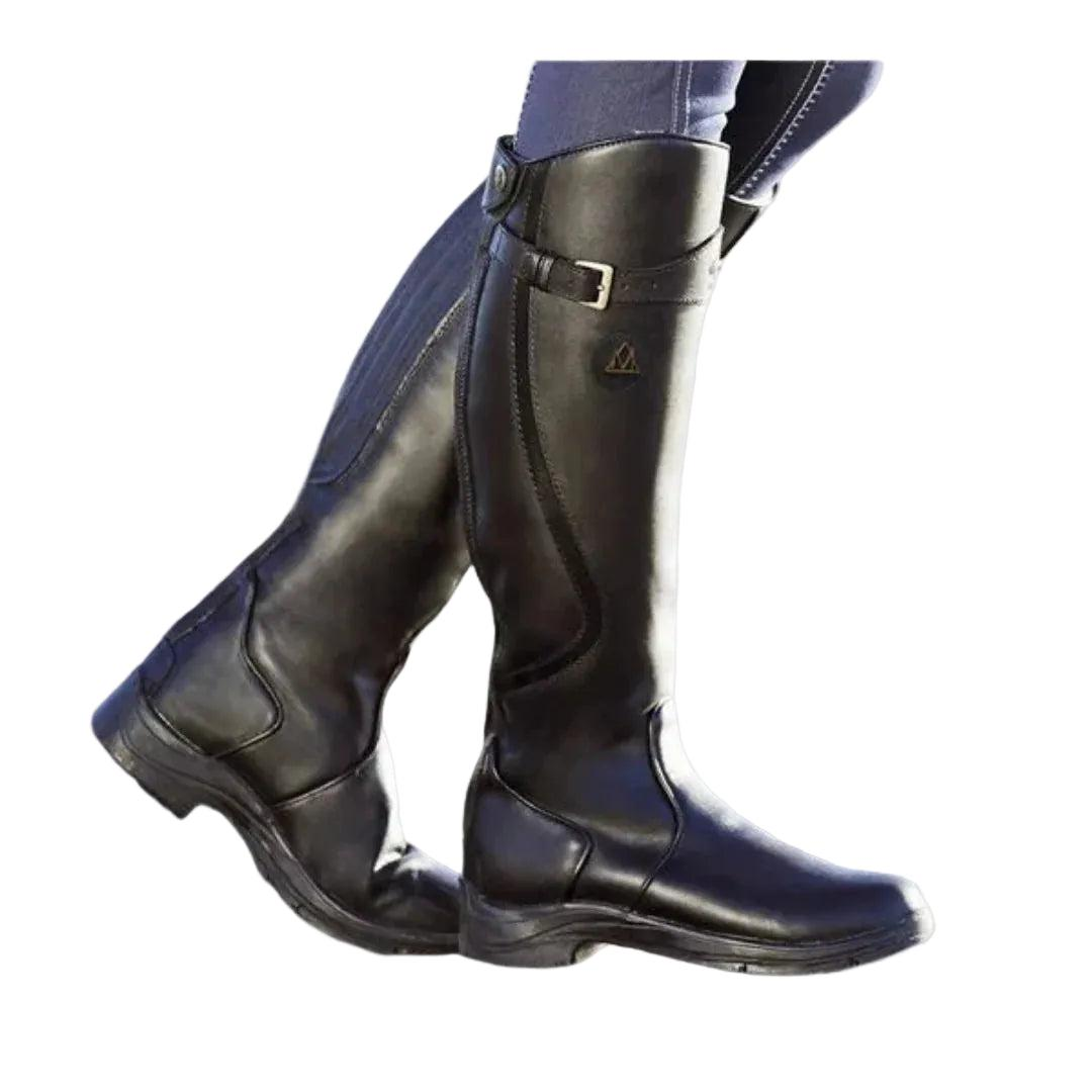 Damen Kniehohe Reitstiefel mit Schnallenriemen | Hohe Stiefel mit seitlichem Reißverschluss, niedrigem Absatz und profilierter Laufsohle