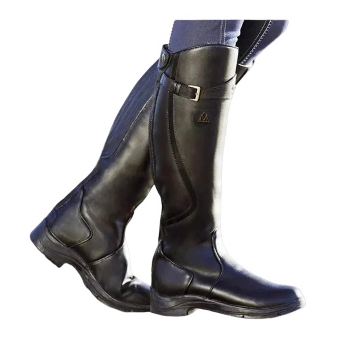 Damen Kniehohe Reitstiefel mit Schnallenriemen | Hohe Stiefel mit seitlichem Reißverschluss, niedrigem Absatz und profilierter Laufsohle