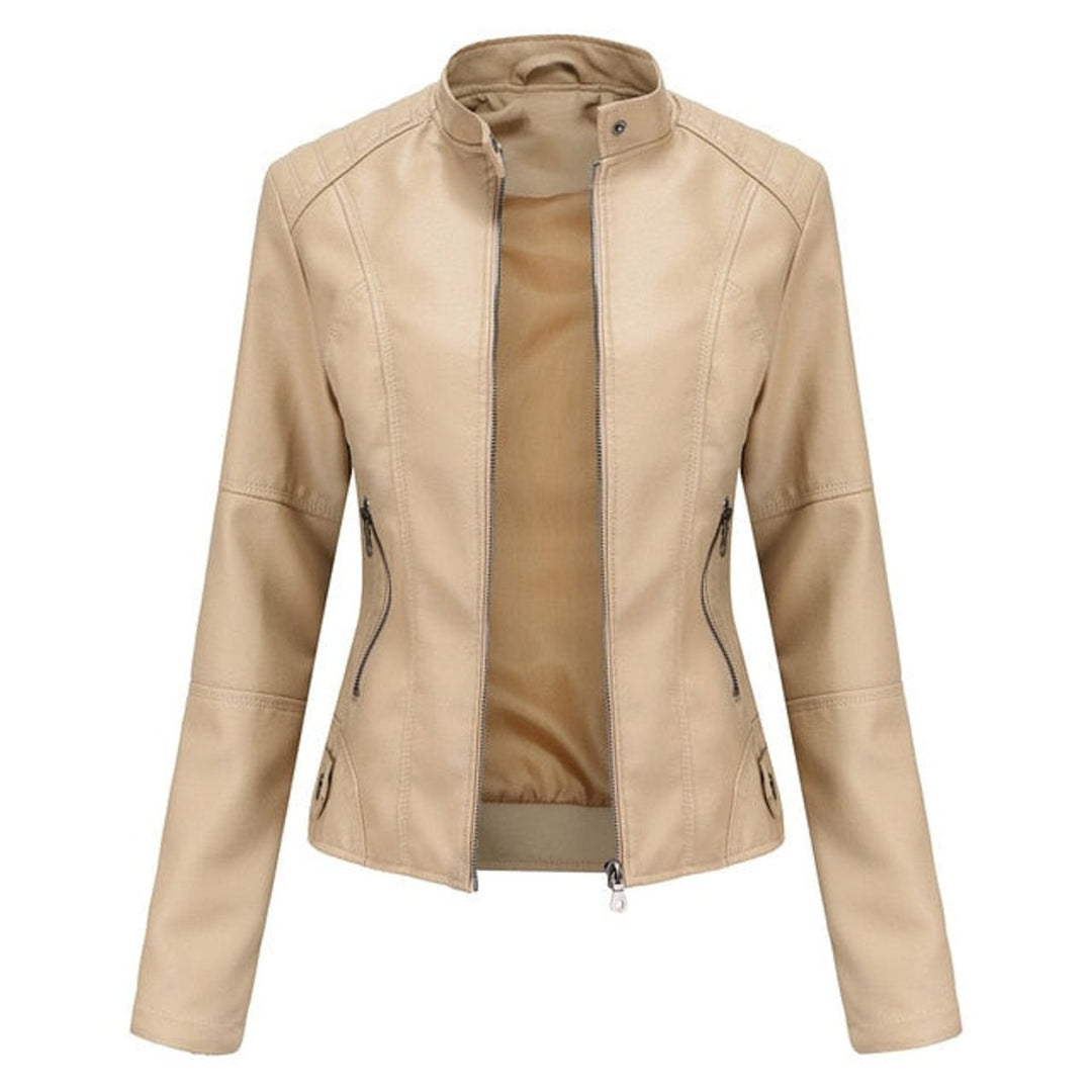 Damen Bikerjacke aus Kunstleder | Kurze taillierte Jacke mit Stehkragen, Frontreißverschluss und dekorativen Reißverschlüssen