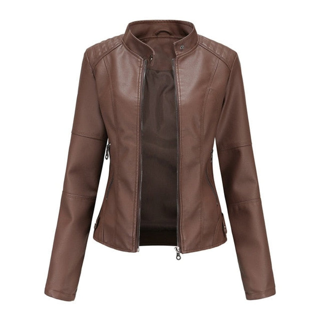 Damen Bikerjacke aus Kunstleder | Kurze taillierte Jacke mit Stehkragen, Frontreißverschluss und dekorativen Reißverschlüssen