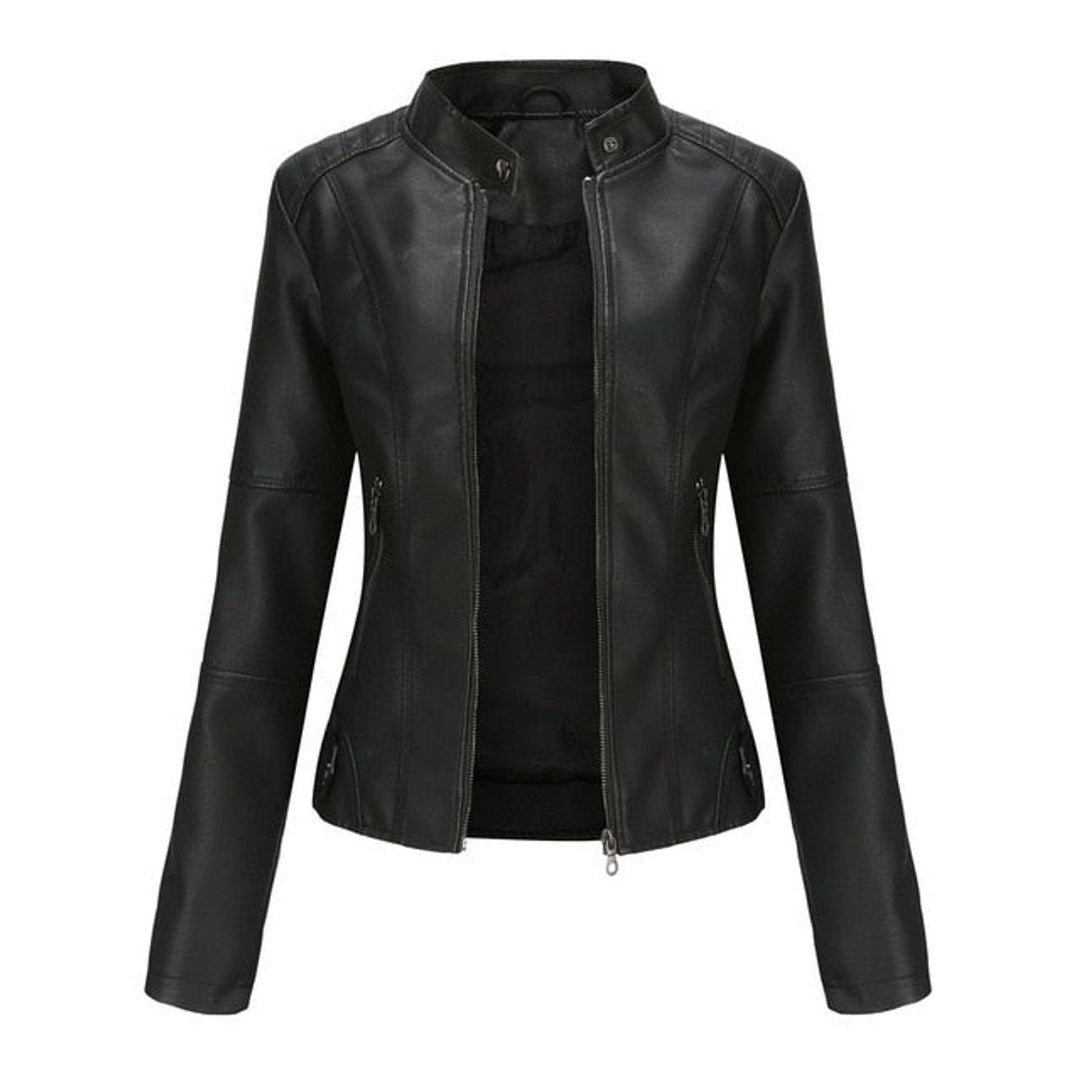 Damen Bikerjacke aus Kunstleder | Kurze taillierte Jacke mit Stehkragen, Frontreißverschluss und dekorativen Reißverschlüssen