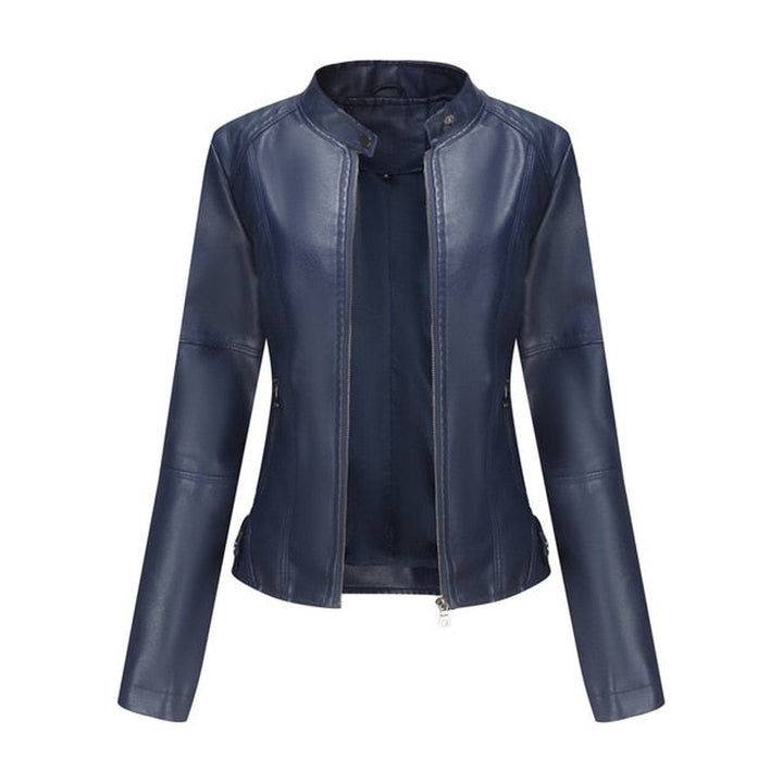 Damen Bikerjacke aus Kunstleder | Kurze taillierte Jacke mit Stehkragen, Frontreißverschluss und dekorativen Reißverschlüssen