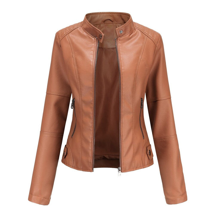 Damen Bikerjacke aus Kunstleder | Kurze taillierte Jacke mit Stehkragen, Frontreißverschluss und dekorativen Reißverschlüssen