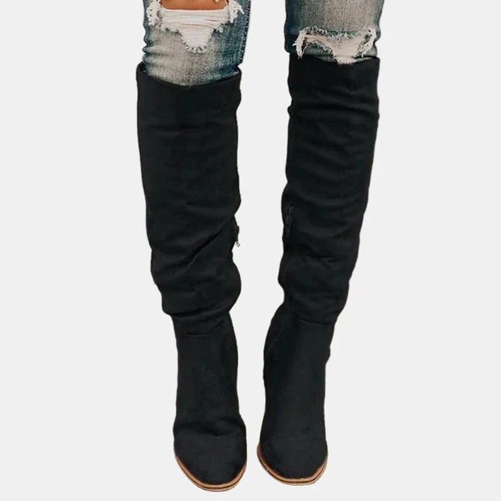 Damen Overknee-Stiefel mit Blockabsatz | Oberschenkelhohe Stiefel mit seitlichem Reißverschluss, gepolsterter Einlegesohle und rutschfester Sohle