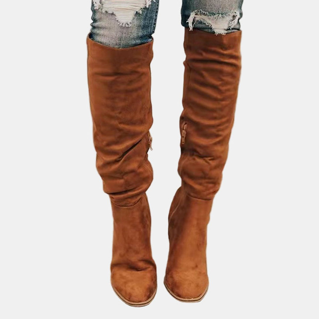 Damen Overknee-Stiefel mit Blockabsatz | Oberschenkelhohe Stiefel mit seitlichem Reißverschluss, gepolsterter Einlegesohle und rutschfester Sohle