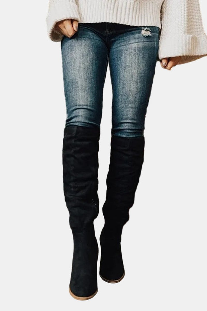 Damen Overknee-Stiefel mit Blockabsatz | Oberschenkelhohe Stiefel mit seitlichem Reißverschluss, gepolsterter Einlegesohle und rutschfester Sohle