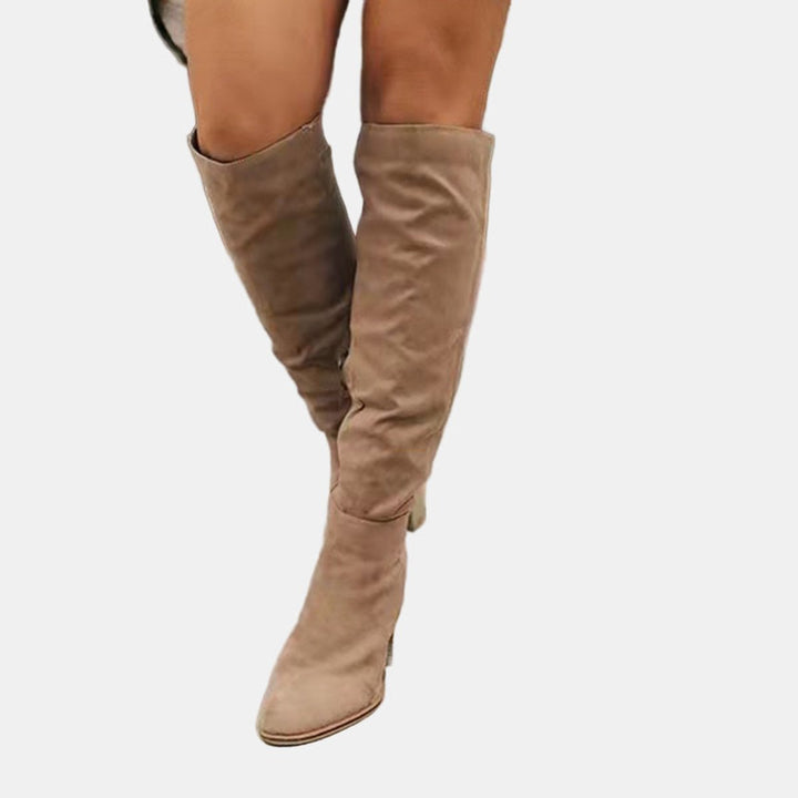 Damen Overknee-Stiefel mit Blockabsatz | Oberschenkelhohe Stiefel mit seitlichem Reißverschluss, gepolsterter Einlegesohle und rutschfester Sohle