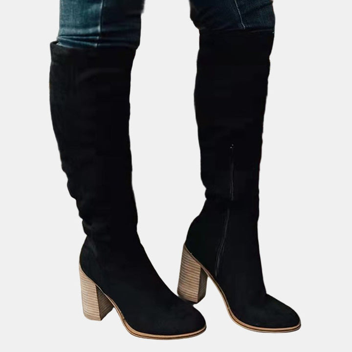 Damen Overknee-Stiefel mit Blockabsatz | Oberschenkelhohe Stiefel mit seitlichem Reißverschluss, gepolsterter Einlegesohle und rutschfester Sohle