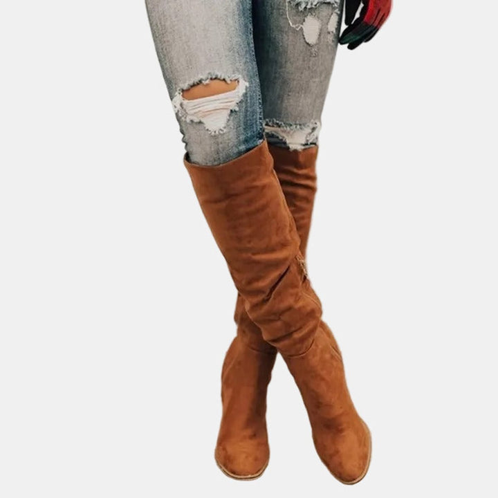 Damen Overknee-Stiefel mit Blockabsatz | Oberschenkelhohe Stiefel mit seitlichem Reißverschluss, gepolsterter Einlegesohle und rutschfester Sohle