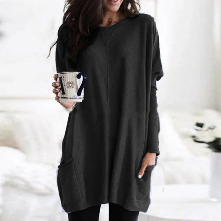 Damen Oversized Tunika-Pullover mit Taschen | Locker geschnittenes Langarm-Oberteil mit Rundhalsausschnitt für Alltag und Freizeit