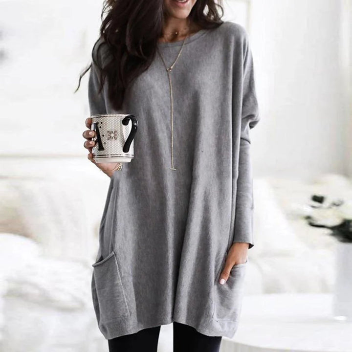Damen Oversized Tunika-Pullover mit Taschen | Locker geschnittenes Langarm-Oberteil mit Rundhalsausschnitt für Alltag und Freizeit