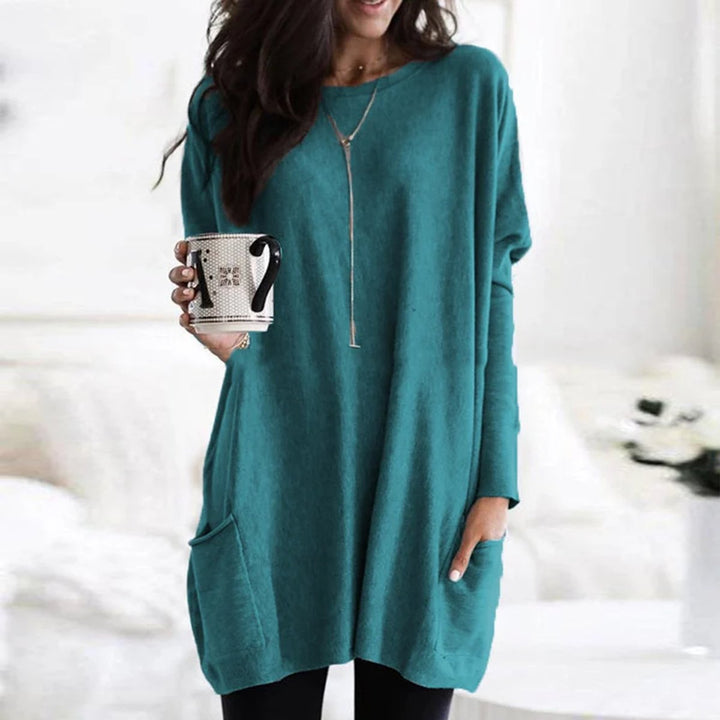 Damen Oversized Tunika-Pullover mit Taschen | Locker geschnittenes Langarm-Oberteil mit Rundhalsausschnitt für Alltag und Freizeit