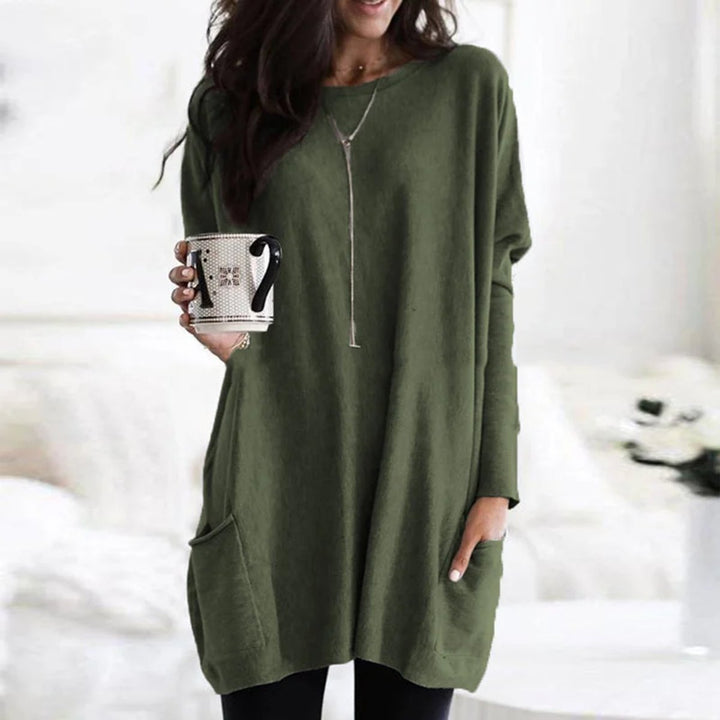 Damen Oversized Tunika-Pullover mit Taschen | Locker geschnittenes Langarm-Oberteil mit Rundhalsausschnitt für Alltag und Freizeit