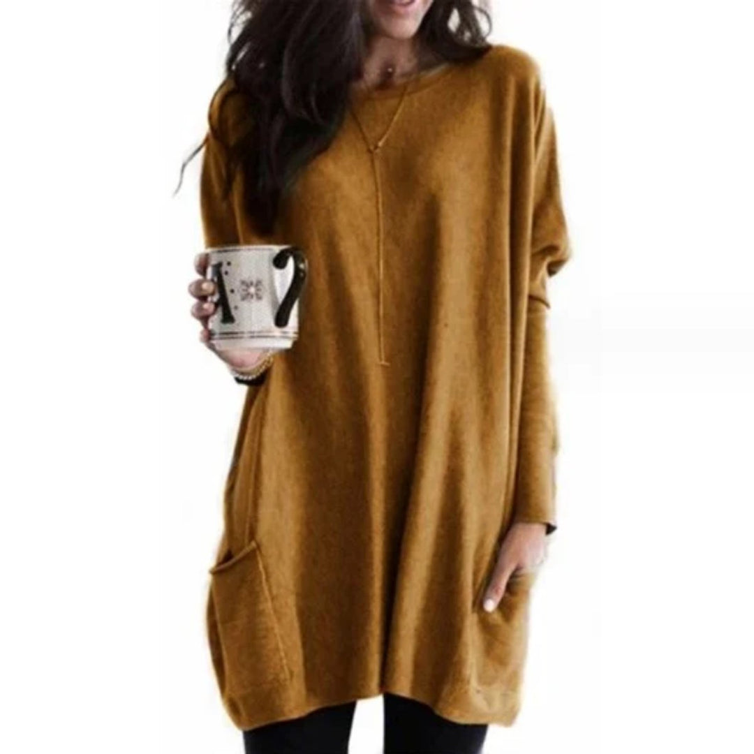 Damen Oversized Tunika-Pullover mit Taschen | Locker geschnittenes Langarm-Oberteil mit Rundhalsausschnitt für Alltag und Freizeit