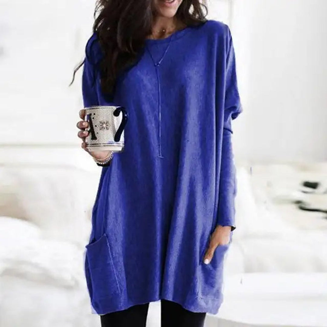Damen Oversized Tunika-Pullover mit Taschen | Locker geschnittenes Langarm-Oberteil mit Rundhalsausschnitt für Alltag und Freizeit