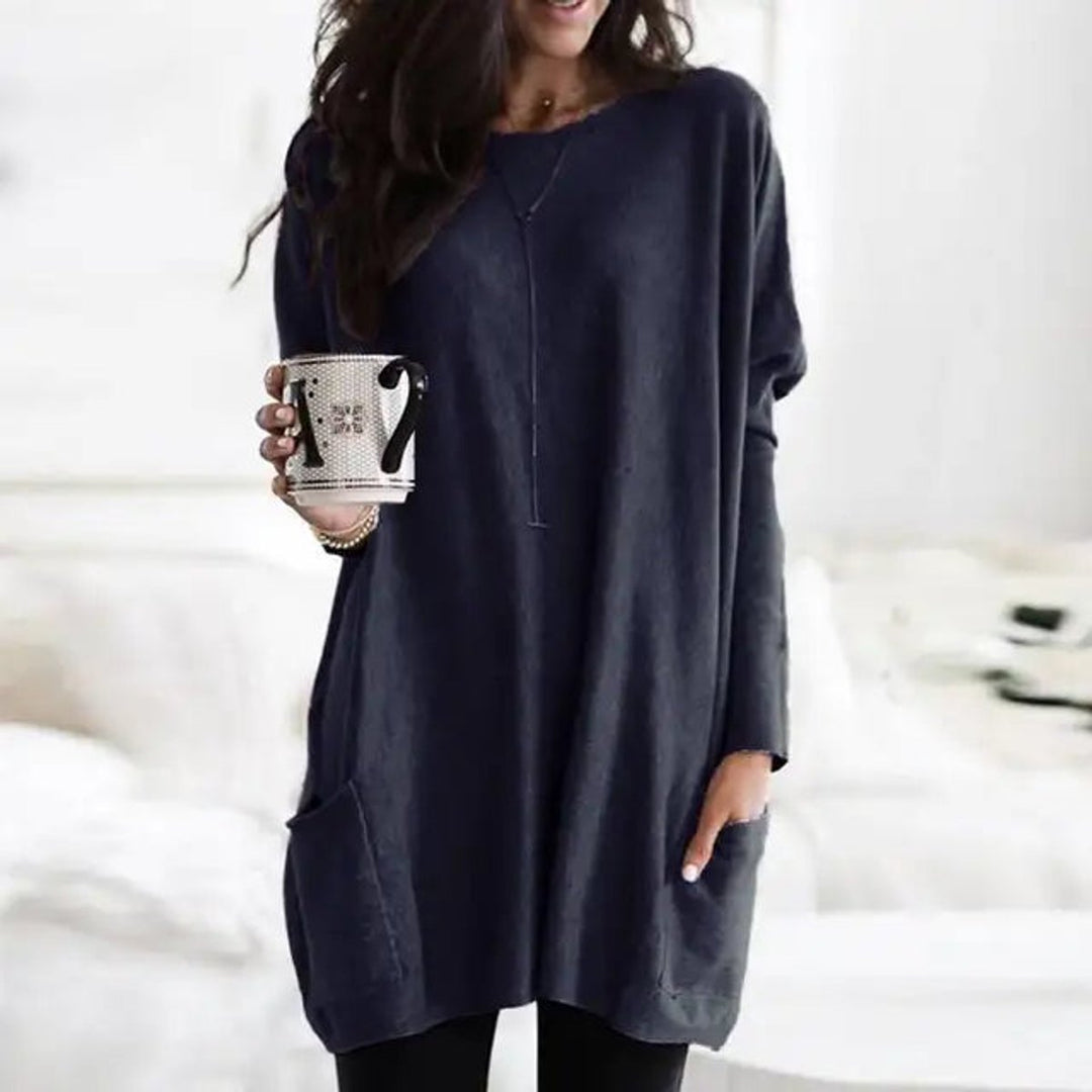 Damen Oversized Tunika-Pullover mit Taschen | Locker geschnittenes Langarm-Oberteil mit Rundhalsausschnitt für Alltag und Freizeit